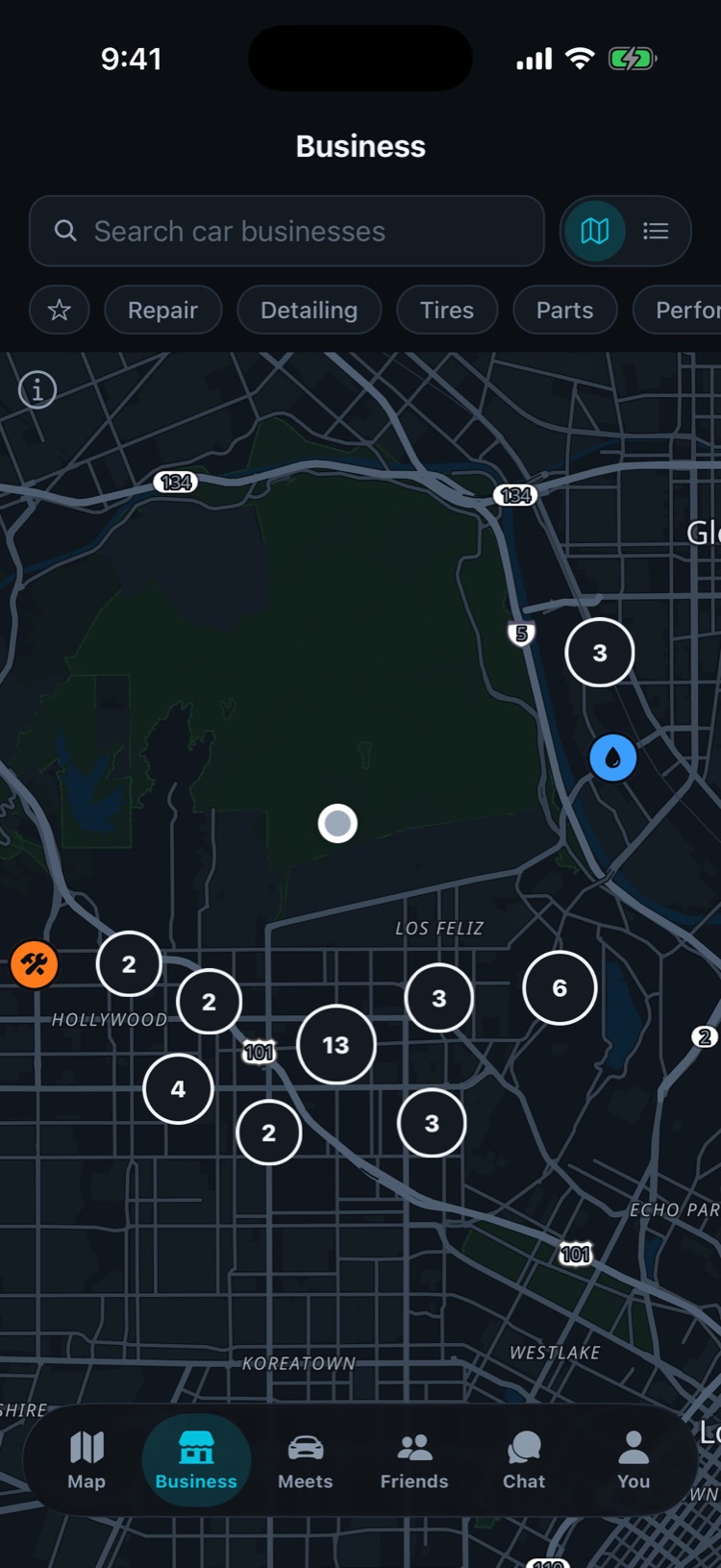 The Business map, with car shops grouped into numbered pins and filters for repair, detailing, tires and parts